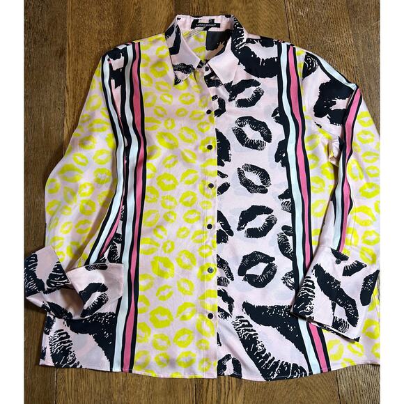 Luisa Cerano 100% Silk Blouse Yellow Pink Stripe Black Lip Design Sz 14 Mob Wife - Picture 1 of 11